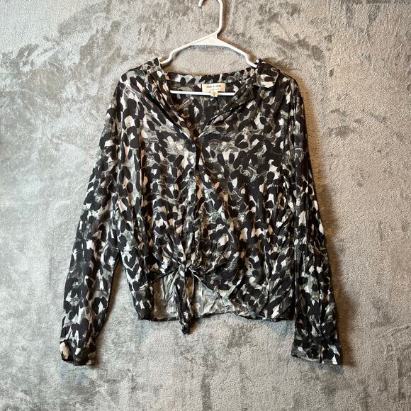 Anthropologie Cloth & Stone Tie Front Blouse Size Medium Printed Black - Picture 1 of 6